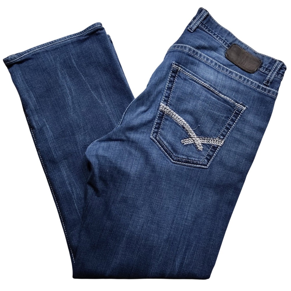 BKE Tyler Straight Jeans Mens 36R Blue Medium Wash Whiskered Thick Stitch